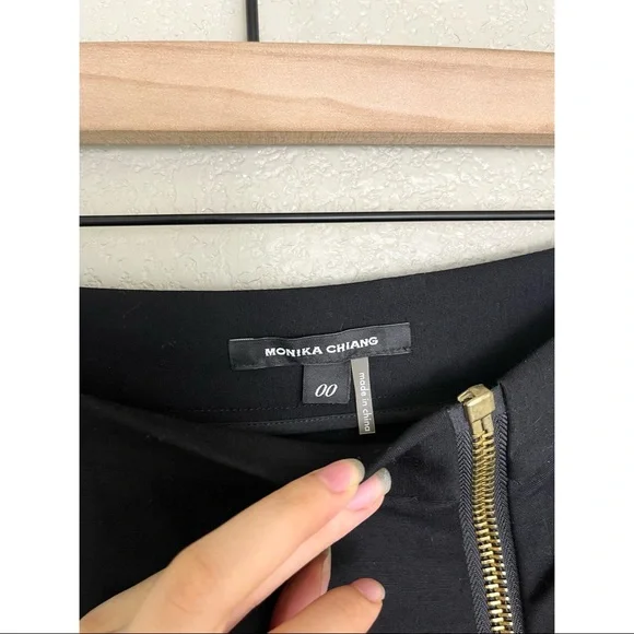 Monika Chiang Side Slit Maxi Skirt 00 Black High Waisted Gold Zip Flare Full - Picture 2 of 9